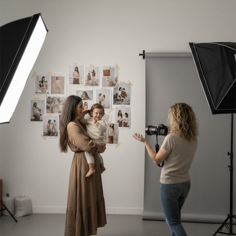 fotograaf in studio met moodboard aan de muur