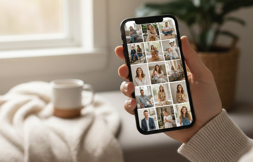 een hand met een smartphone erin met een moodboard op het scherm